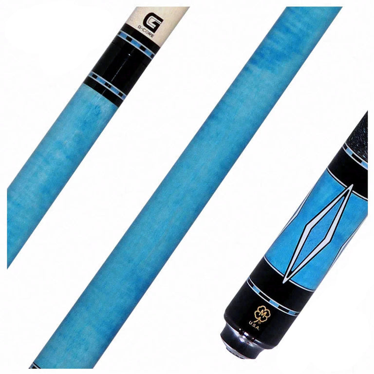 McDermott Sky Blue Stained Curly Maple with White Urethane Inlays Cue of the Month with G-Core Shaft