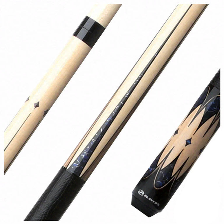 Players Graphic Series Natural Maple and Blue Stone Graphic Pool Cue with Black Linen Wrap
