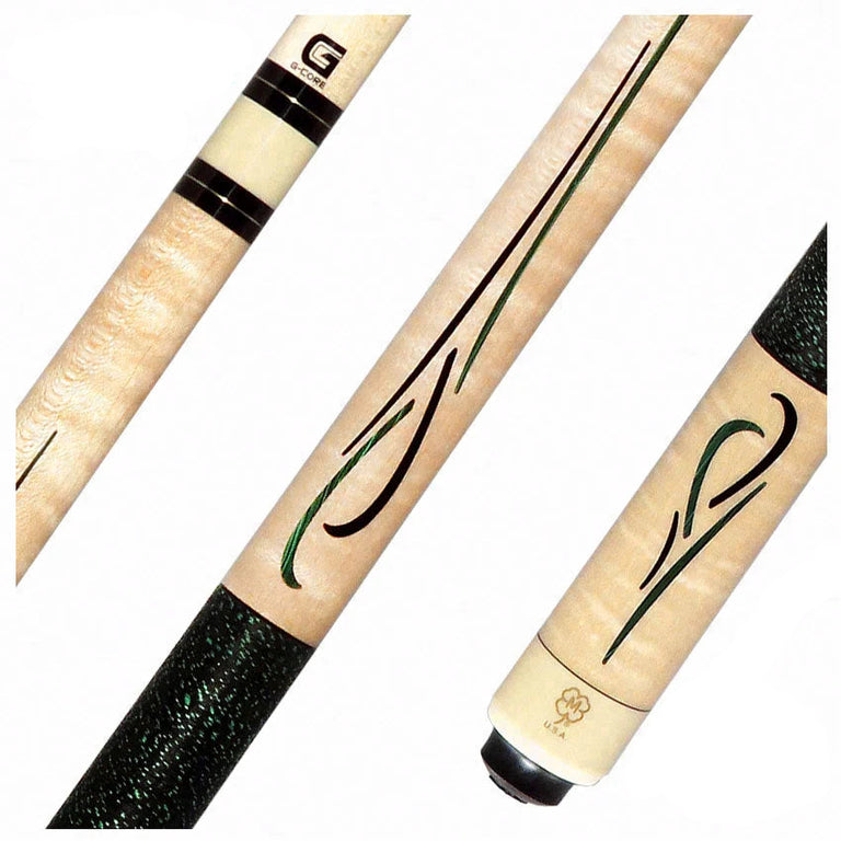 McDermott Curly Maple with Green Malachite and Black Urethane Inlays Cue of the Month with G-Core Shaft