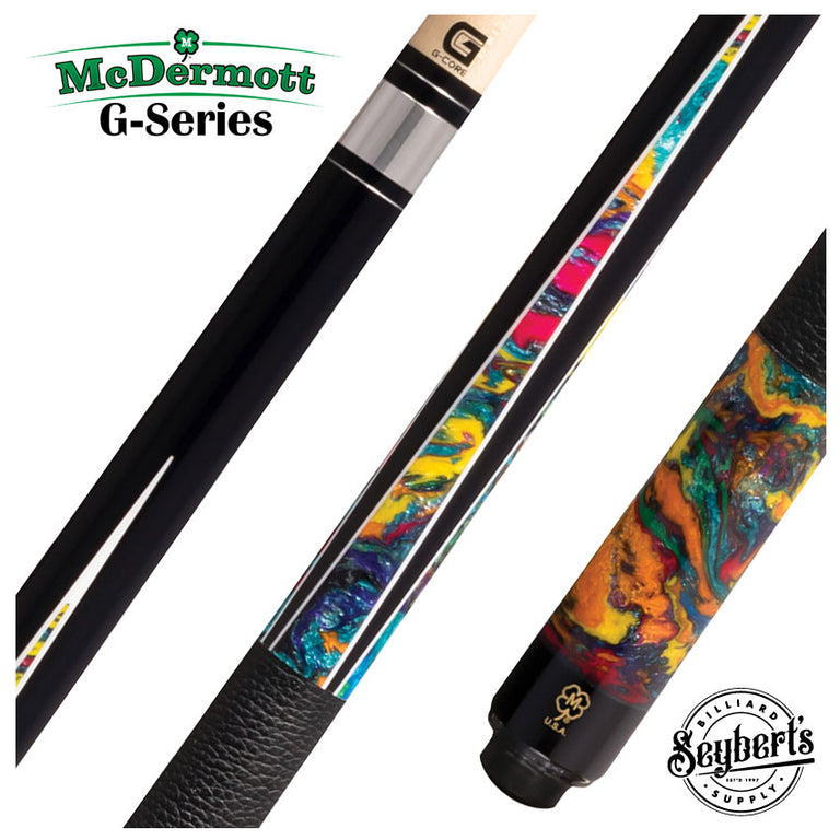 McDermott G Core Series Black Urethane with Multicolored ShokRes Points Play Cue with Textured Leather Wrap