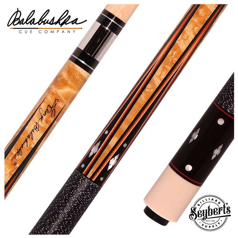 Balabushka GB Series Birdseye Maple Forearm with Ebony Points and Mother of Pearl Notched Diamond Inlays Pool Cue with Irish Linen Wrap