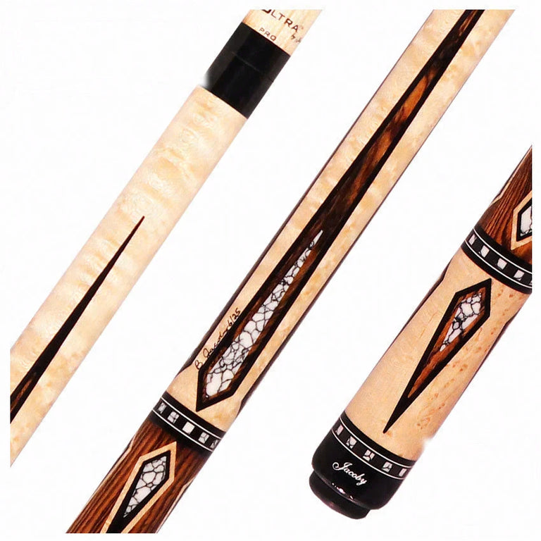 Jacoby HBV2 Series Curly Maple with Bocote Points and White Buffalo Turquoise Inlays Pool Cue