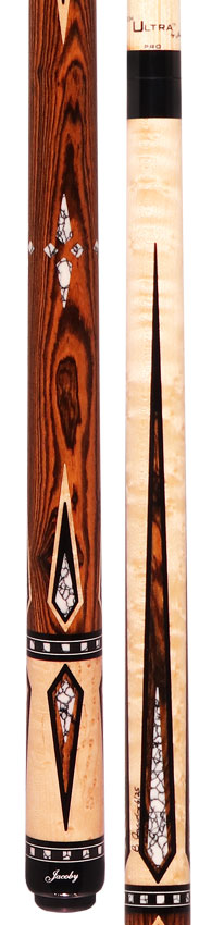 Jacoby HBV2 Series Curly Maple with Bocote Points and White Buffalo Turquoise Inlays Pool Cue