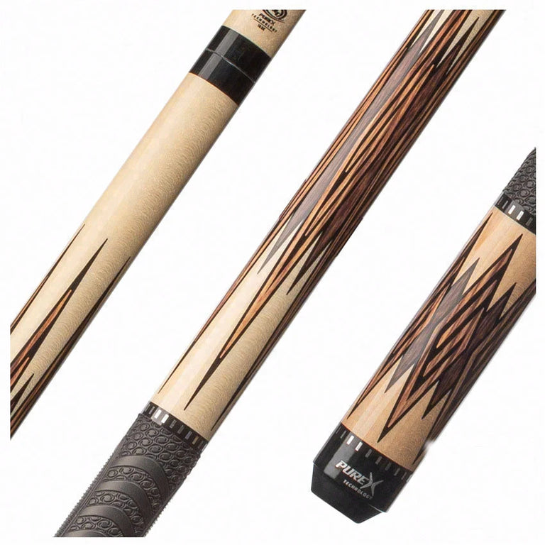 Pure X Natural-Stained Maple with Zebrawood and Black Palm Graphic Pool Cue with MZ Sport Grip Wrap