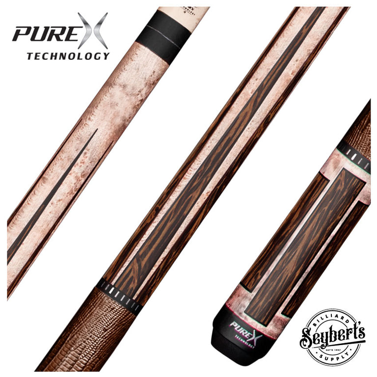 Pure X Matte Smoke Grey Birdseye and Black Palm Graphic Pool Cue with Brown Embossed Lizard Wrap