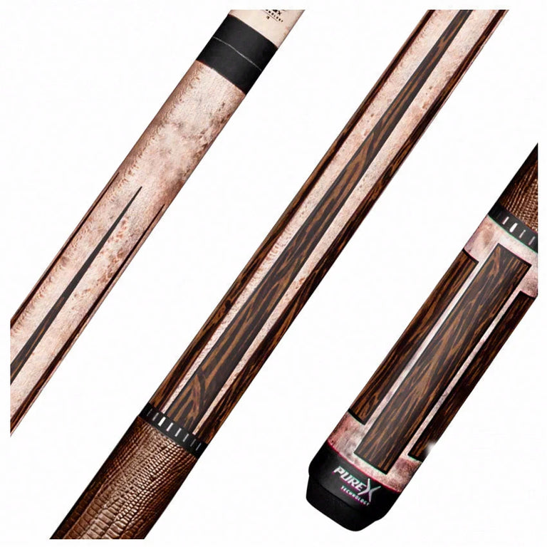 Pure X Matte Smoke Grey Birdseye and Black Palm Graphic Pool Cue with Brown Embossed Lizard Wrap