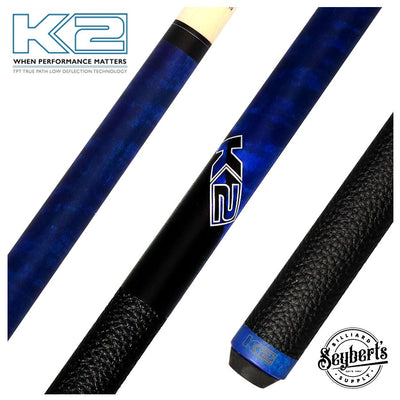 K2 Matte Blue-Stained Maple Play Cue with Leather Wrap and 11.75mm LD Shaft - KLCBL