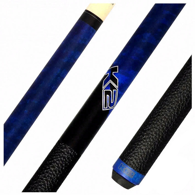 K2 Matte Blue-Stained Maple Play Cue with Leather Wrap and 11.75mm LD Shaft - KLCBL