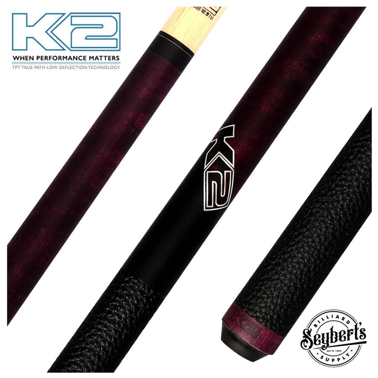 K2 Matte Purple-Stained Maple Play Cue with Leather Wrap and 12.50mm LD Shaft - KLCPL