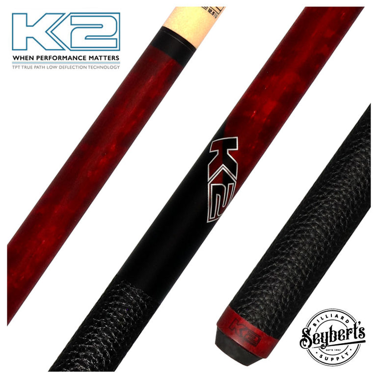 K2 Matte Red-Stained Maple Play Cue with Leather Wrap and 12.50mm LD Shaft - KLCRD