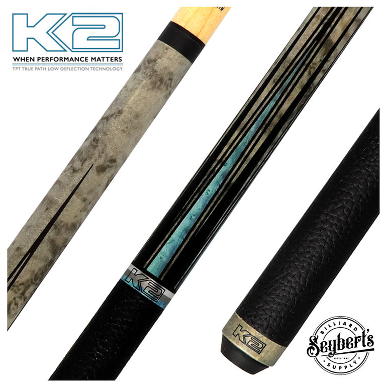 K2 Matte Gray-Stained Maple and Blue Points Leather Wrap Pool Cue with 11.75 LD Shaft - KLLE1W