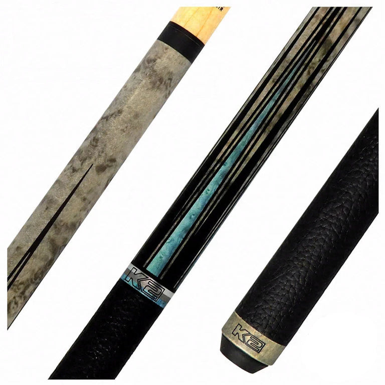 K2 Matte Gray-Stained Maple and Blue Points Leather Wrap Pool Cue with 11.75 LD Shaft - KLLE1W