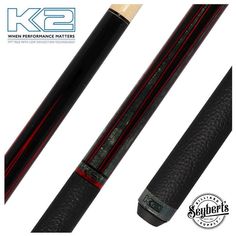 K2 Black Painted Maple and Gray/Red Points Graphic Leather Wrap Pool Cue with 11.75mm LD Shaft - KLLE2W