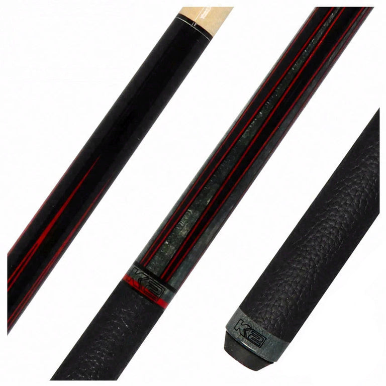 K2 Black Painted Maple and Gray/Red Points Graphic Leather Wrap Pool Cue with 11.75mm LD Shaft - KLLE2W