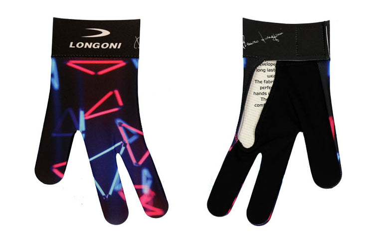 Longoni Left Hand Billiard Glove - Blue/Pink Neon Triangles