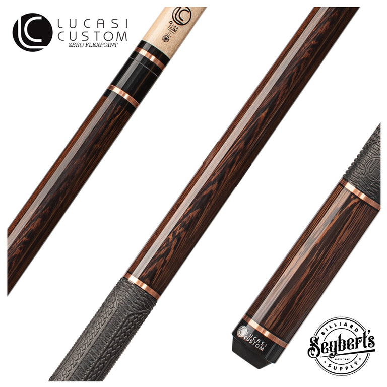 Lucasi Hybrid Exotic Black Palm with Hybrid 3mm Rose Gold Rings and Fusion G5 Sport Grip Wrap Pool Cue