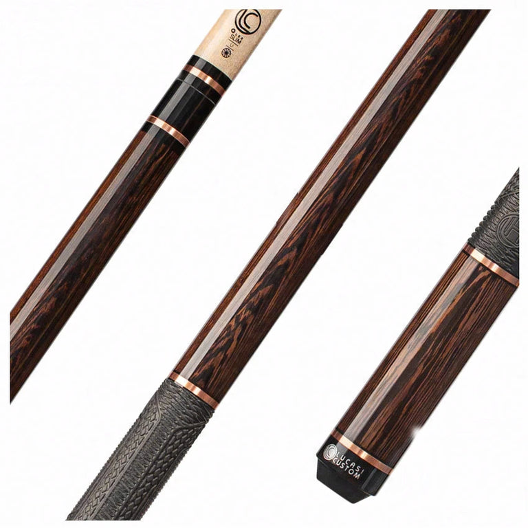 Lucasi Hybrid Exotic Black Palm with Hybrid 3mm Rose Gold Rings and Fusion G5 Sport Grip Wrap Pool Cue