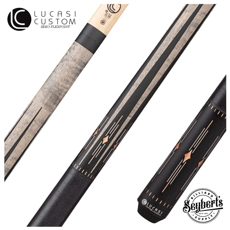 Lucasi Hybrid Matte Charcoal Birdseye with White/Rose Gold Inlays and Black Linen Wrap Pool Cue