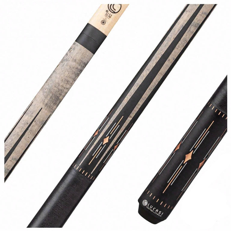 Lucasi Hybrid Matte Charcoal Birdseye with White/Rose Gold Inlays and Black Linen Wrap Pool Cue