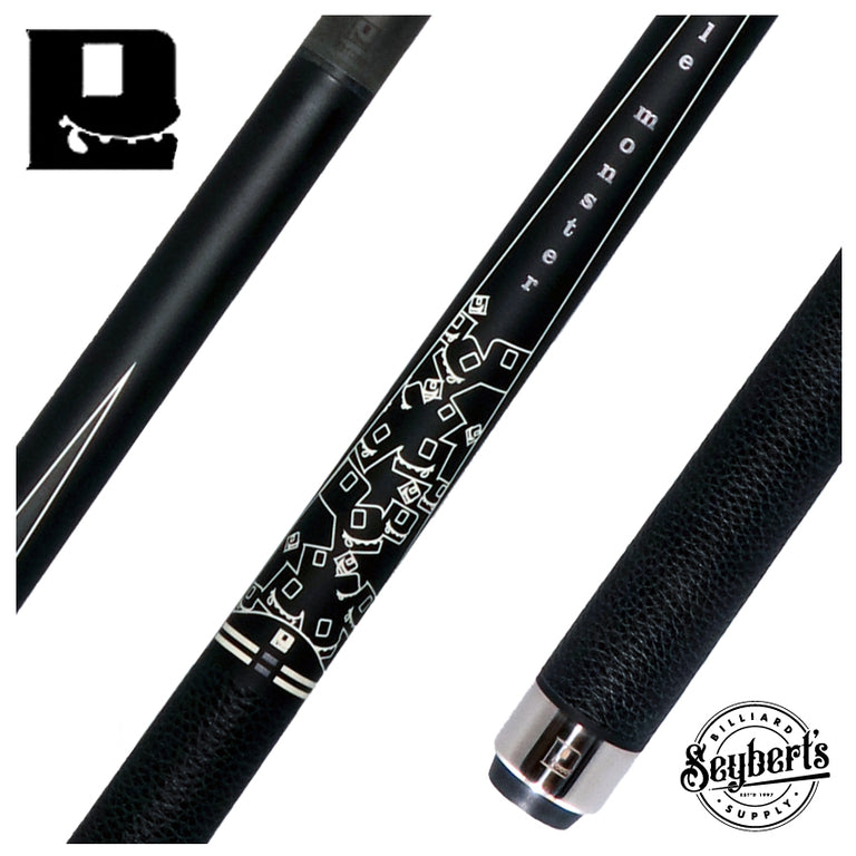 Little Monster Matte Black with 2 White Points Graphics Play Cue with Leather Wrap and Carbon Fiber Shaft