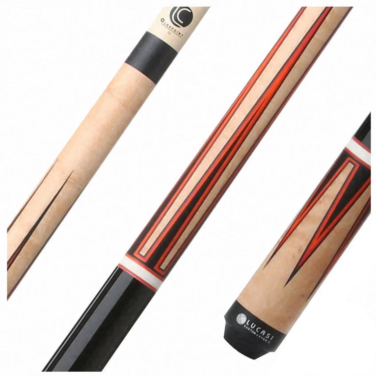 Lucasi Custom Black and Antique Birdseye/Red Orange Wrapless Pool Cue