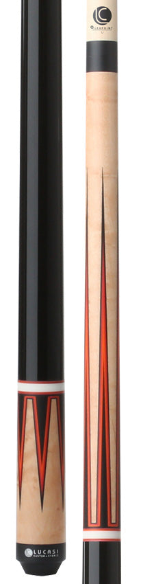 Lucasi Custom Black and Antique Birdseye/Red Orange Wrapless Pool Cue