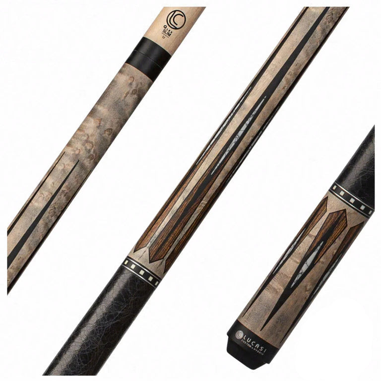 Lucasi Custom Matte Gray Wash Birdseye Maple with 6 Floating Bocote/White Recon Points, and Leather Wrap Pool Cue