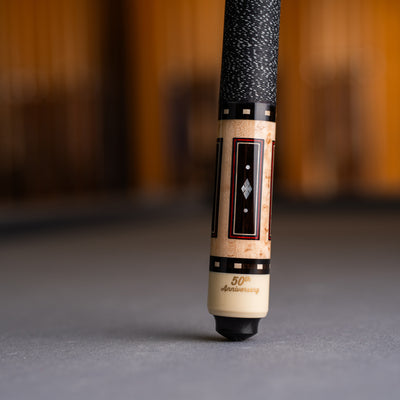 McDermott 50th Anniversary Series Birdseye Maple with Ebony Points and Mother of Pearl Inlays Pool Cue with Maple Shaft and Commemorative 1x1 Case