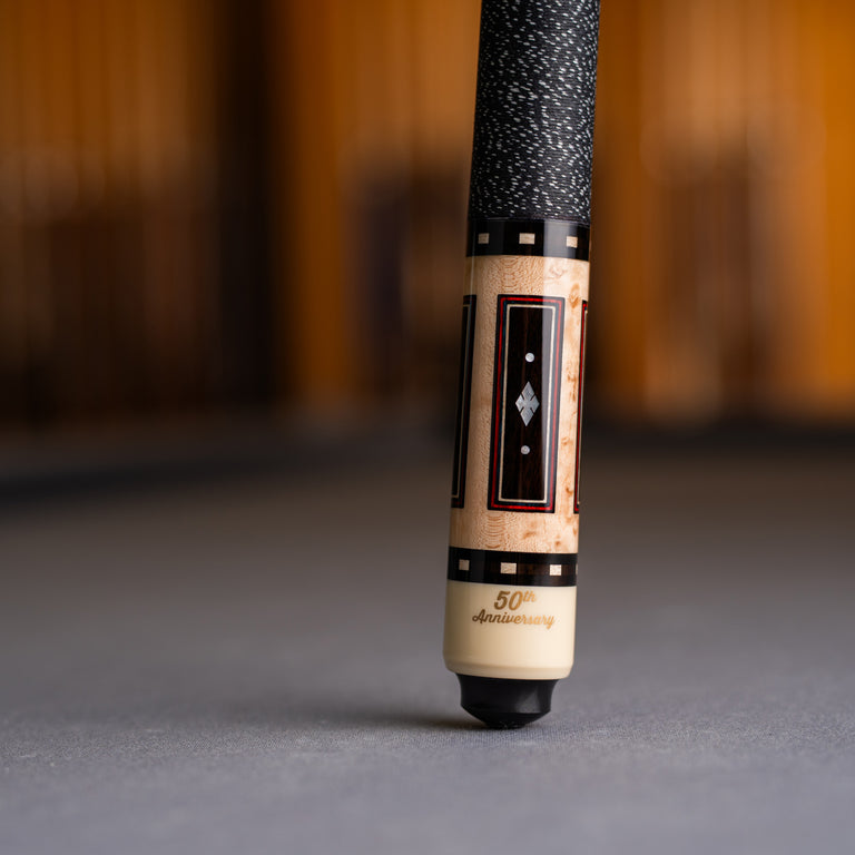 McDermott 50th Anniversary Series Birdseye Maple with Ebony Points and Mother of Pearl Inlays Pool Cue with Maple Shaft and Commemorative 1x1 Case