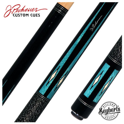 Pechauer Pro R Series Ebony-Stained Maple with Aqua Exotic Points and Sim. Ivory Inlays Pool Cue with Irish Linen Wrap