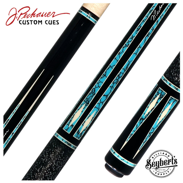 Pechauer Pro R Series Ebony-Stained Maple with Sim. Ivory Framed Turquoise Points Pool Cue with Irish Linen Wrap