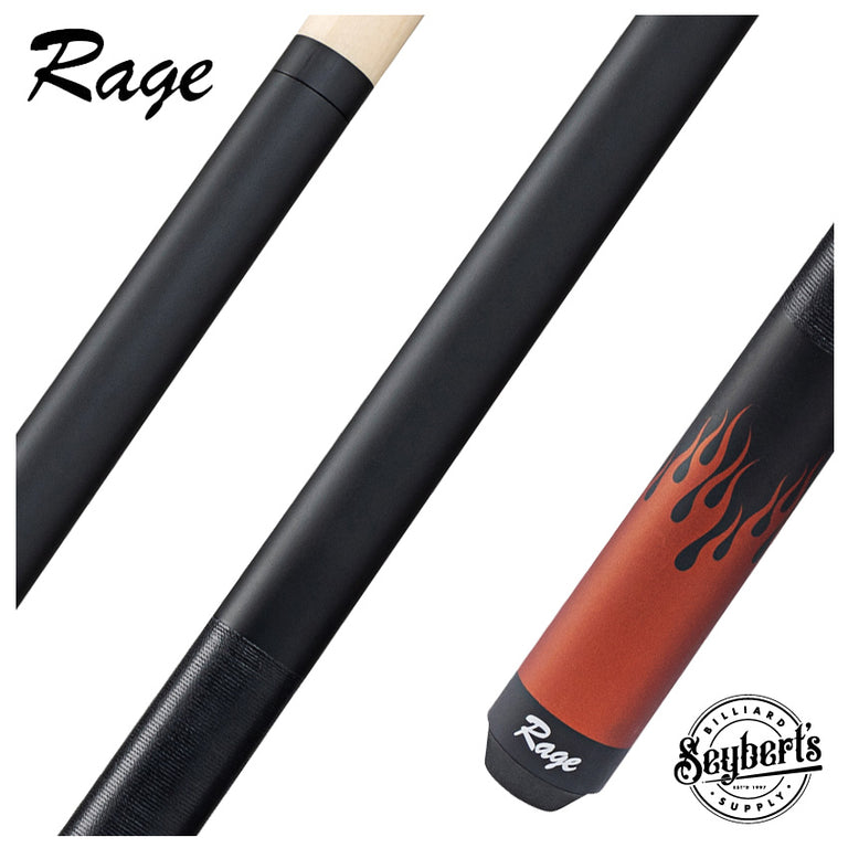 Rage Matte Black Forearm and Orange Flames Pool Cue with Black Linen Wrap