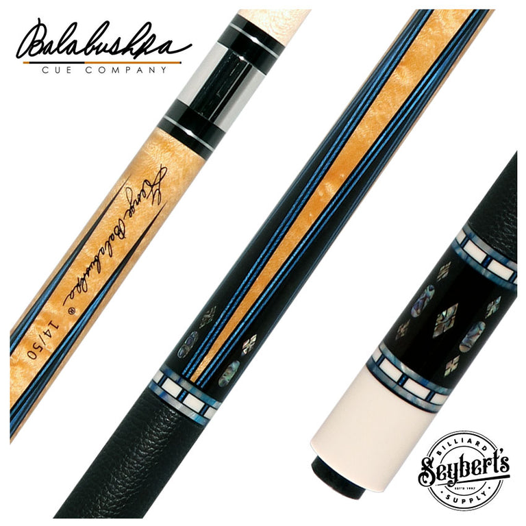 Balabushka SLE Series Birdseye Maple Forearm and Ebony Points with Blue Veneers and Abalone Inlays Pool Cue with Textured Leather Wrap