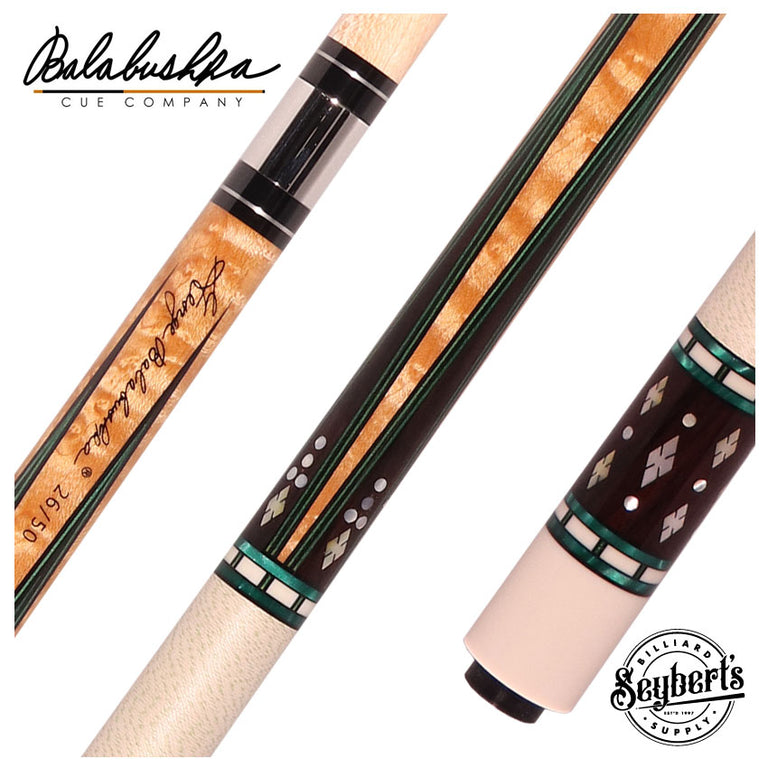 Balabushka SLE Series Birdseye Maple with Ebony Points with Green Veneers and Mother of Pearl Diamond Inlays Pool Cue with Textured Leather Wrap