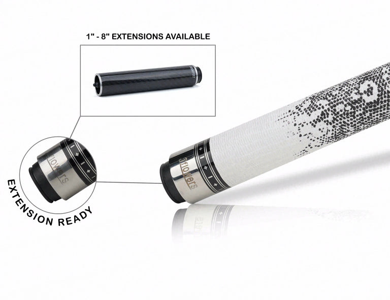 JFlowers True White Pool Cue with White Lizard Wrap and Carbon Shaft