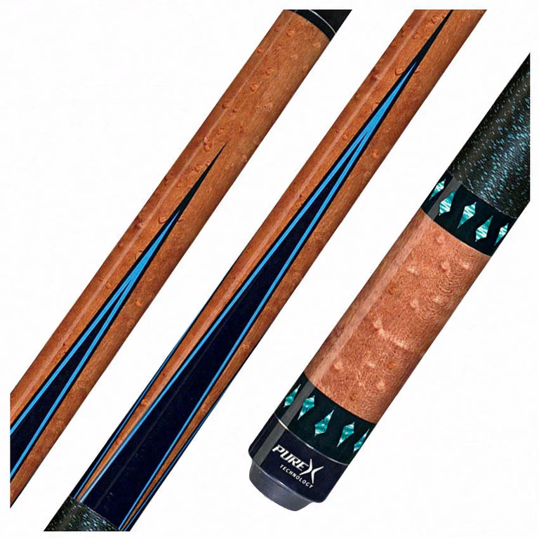 PureX Technology Pool Cue - Antique Stained Birdseye Maple with Teal Inlays and Black Overlay - HXT30