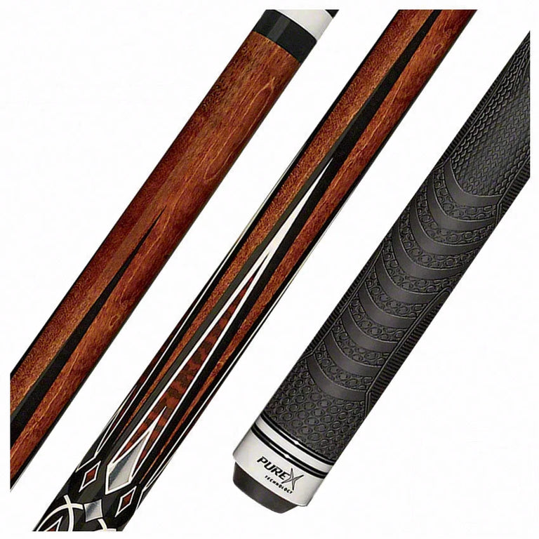 PureX Technology Pool Cue - Mahogany Stained Maple with 5 Pt. Snakewood and Silver Graphics - HXT66