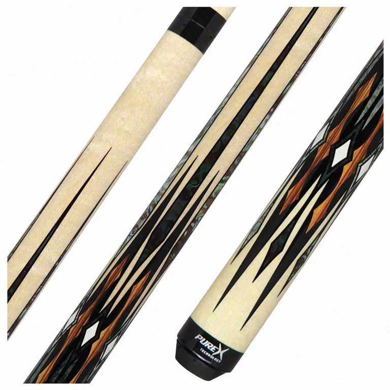 PureX Technology Pool Cue - Natural Birdseye Maple with Zebrawood, Abalone and Imitation Bone Graphics - HXTE12