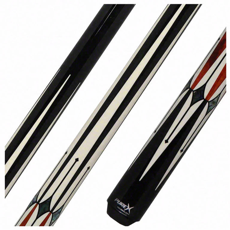 PureX Technology Pool Cue - Black 6 Pt. with Imitation Bone, Cocobolo and Abalone Diamond Insets Graphics - HXTE1