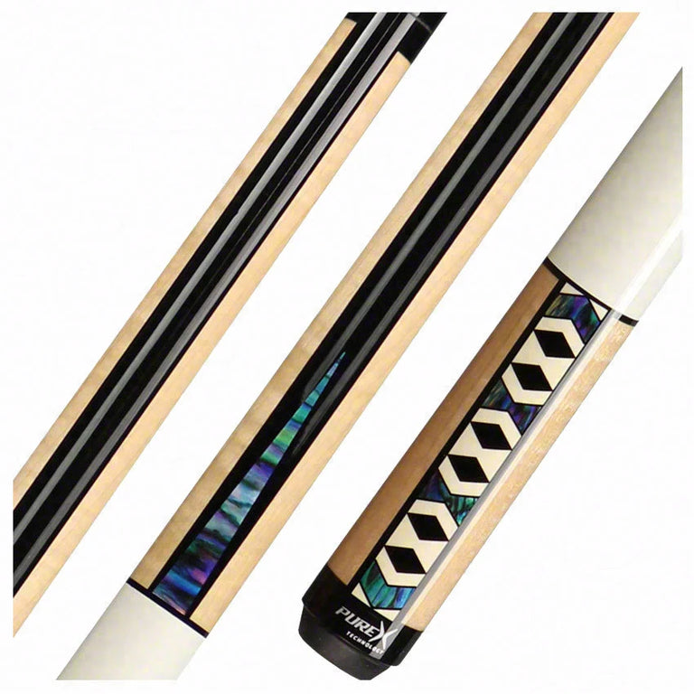 PureX Technology Pool Cue - Natural Birdseye Maple with Modern Black, Imitation Bone and Abalone Graphics - HXTE9