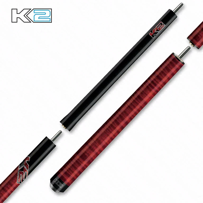K2 Black with Red Curly Maple 6 in 1 No Wrap Break/Jump Pool Cue