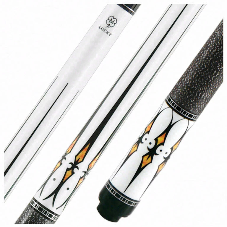 Lucky White with Black and Orange Points Graphic Pool Cue with Linen Wrap - L40