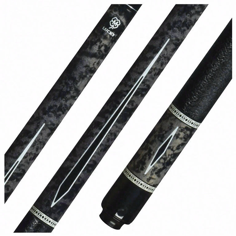 Lucky Gray Burl with Black Points Graphic Pool Cue with Textured Crackle Wrap - L54