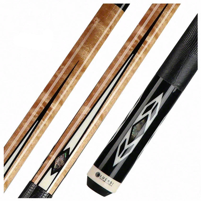Lucasi Zero Flexpoint Antique Stained Birdseye Maple with Abalone Inlays and Lizard Embossed Black Leather Wrap Pool Cue - LZC24