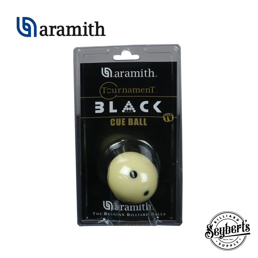 Aramith Tournament Black Cue Ball 6 Dot logo - Seybert's Billiards