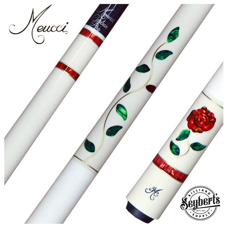 Meucci BMC Signed White Glass Rose Pool Cue With Meucci Carbon Shaft